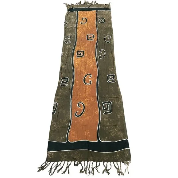 Handmade Blue Hand Rayon Scarf Brown Green Batik Pattern From Bali Indonesia - Picture 3 of 8